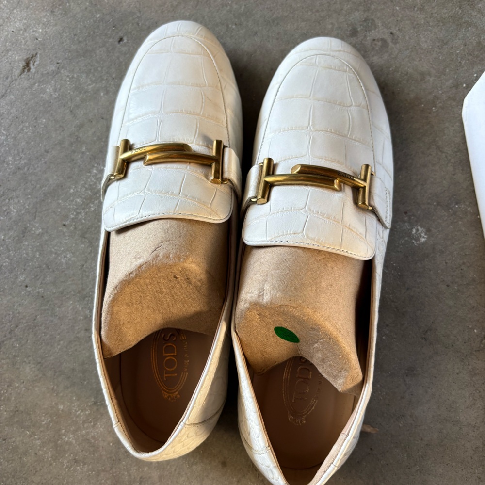 Tod's Croc-Embossed White Loafers with Gold Accent